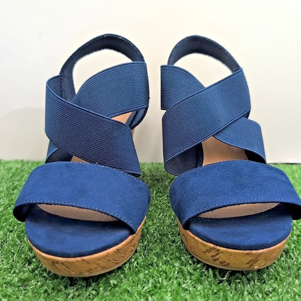 American Eagle AE Women's Shoes 5 Ryan Wedge Sandals Navy Blue Cork Heel‎ Straps